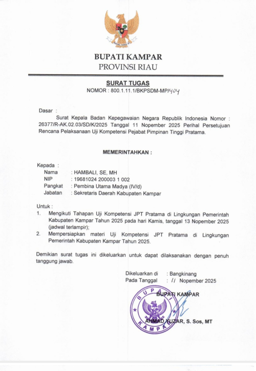 Terima Surat Tugas Dari Bupati, Sekda Kampar Hambali Pilih Pensiun Dini