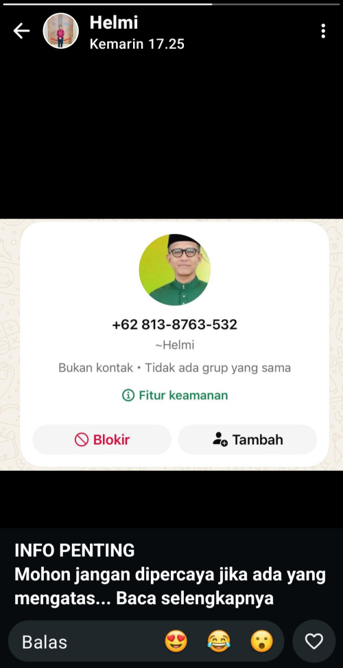 Nomor WhatsApp Mengaku Plt Kadisdikpora Kampar Helmi Beredar, Warga Diminta Waspada