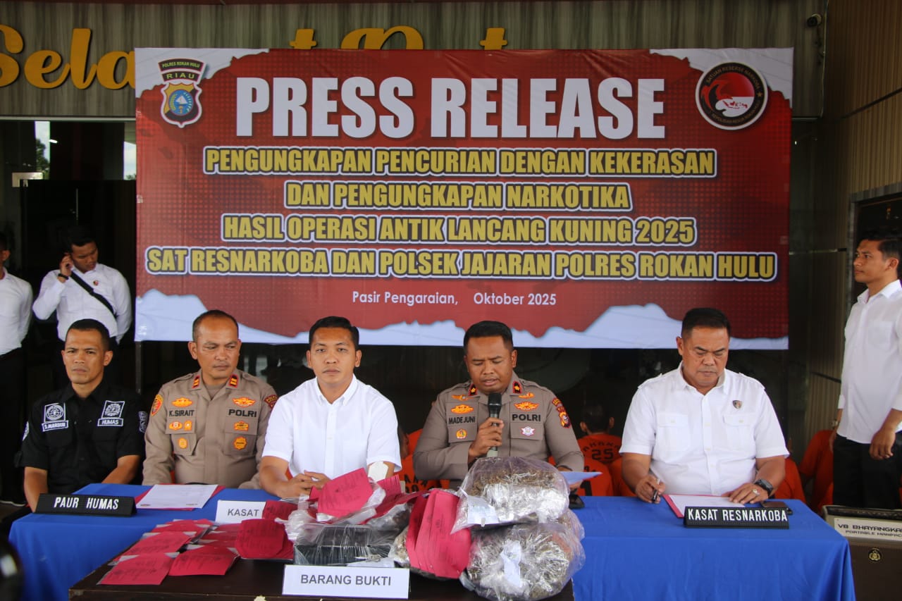 Polres Rokan Hulu Gelar Press Release Ungkap Pencurian dengan Kekerasan dan Kasus Narkotika Hasil Operasi Antik Lancang Kuning 2025